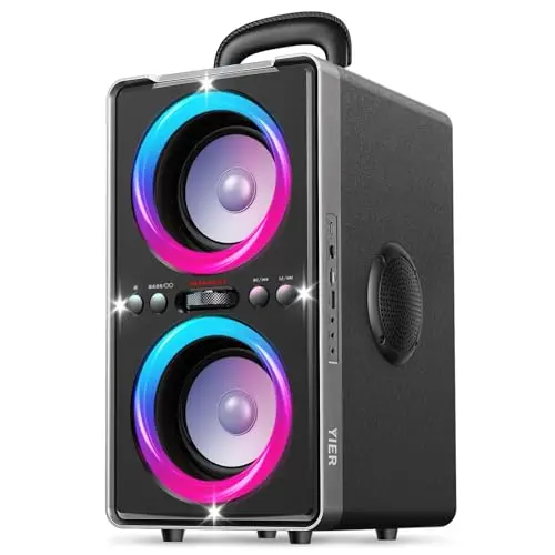 YIER Bluetooth speaker with wooden enclosure and deep bass drivers