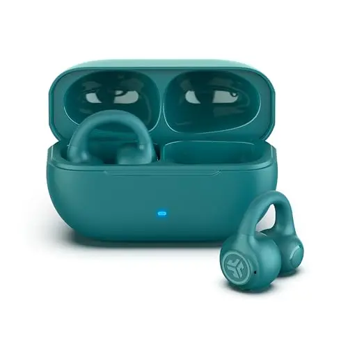 JLab Flex Open earbuds in teal color with clip-on design
