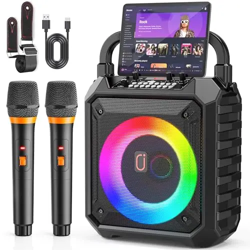 JYX portable karaoke machine with wireless microphones and LED lights