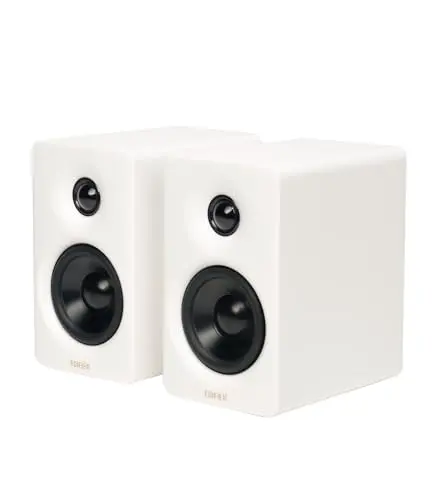 Edifier M60 compact white speakers with aluminum stands