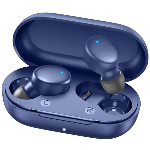 MOZOTER S8 mini wireless earbuds with charging case in blue color