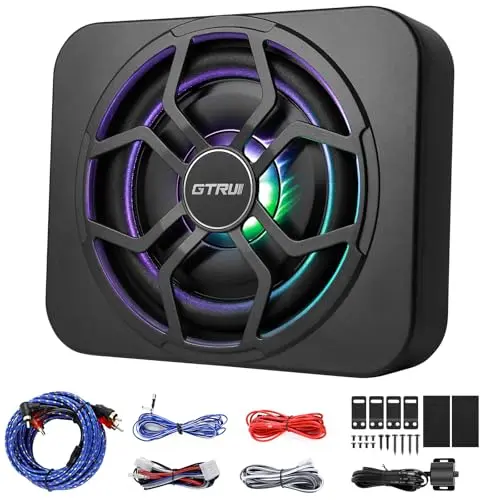 GTRUI 10-inch ultra slim under-seat active powered car/truck subwoofer with RGB ambient light