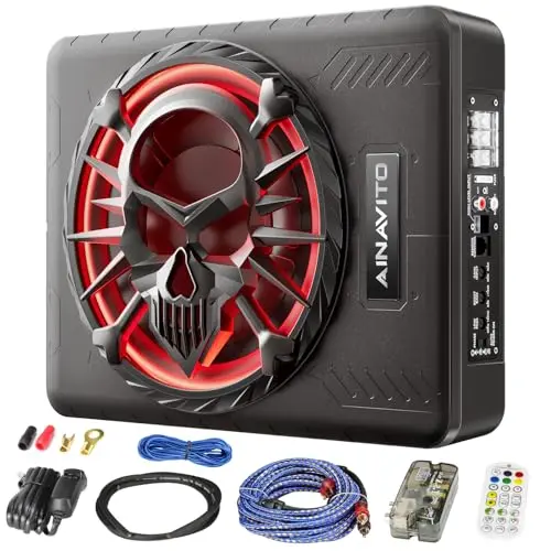 AINAVITO 10-inch slim under-seat car subwoofer with colorful LED light ring and built-in amplifier