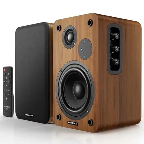 MEVOSTO wooden bookshelf speakers with bass and treble controls