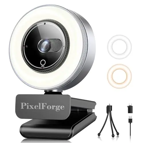 PixelForge 2K webcam with built-in ring light in silver finish