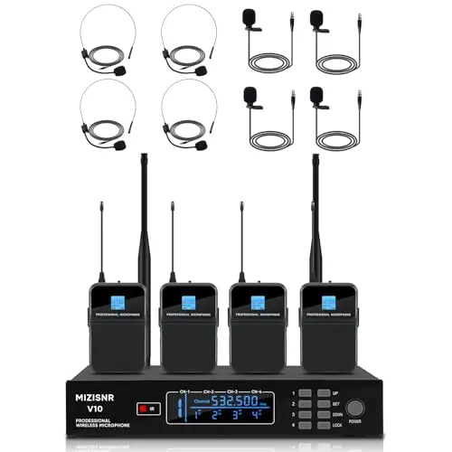 MIZISNR 4 channel wireless lapel microphone system with adjustable frequencies