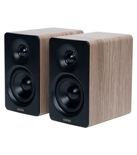 Edifier M60 compact desktop speakers in classic oak finish