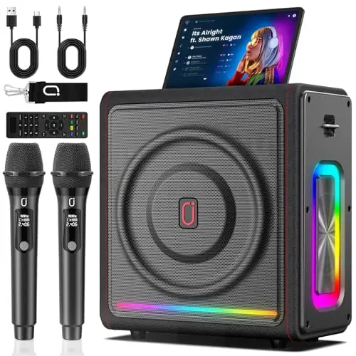 PPMIC MS78 karaoke machine with wireless microphones and leather finish