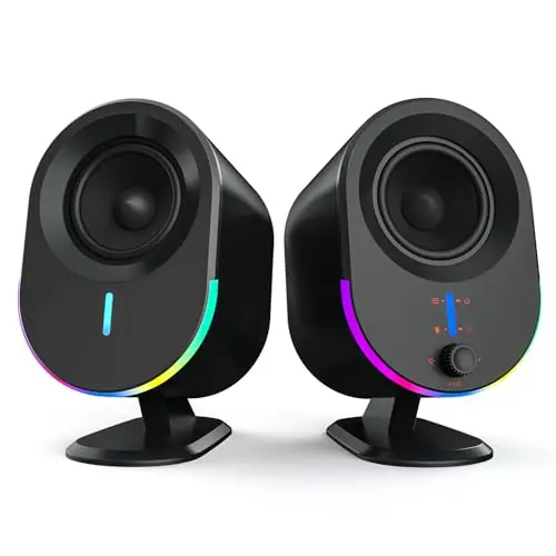 LITTOAK GM03 gaming speakers with front panel controls and RGB lighting