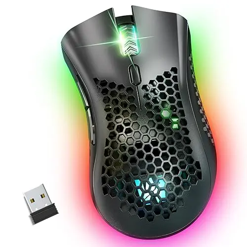 WolfLawS KM-1 wireless gaming mouse with honeycomb shell and RGB lighting