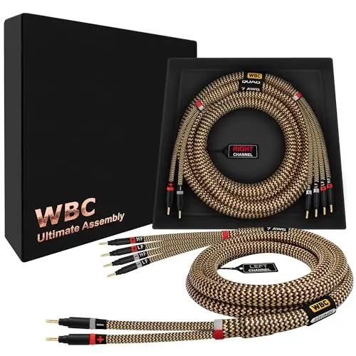 WORLDS BEST CABLES premium audiophile speaker cable with gold banana plugs and braided tweed jacket