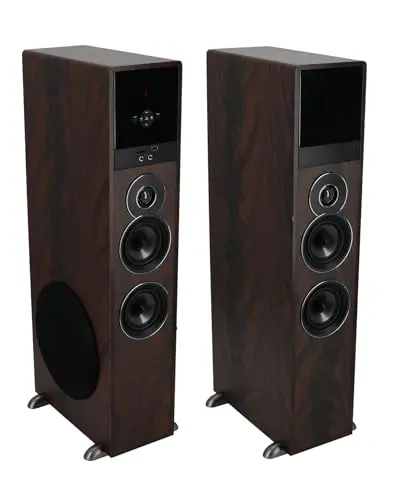 Rockville TM80D powered tower speakers in dark wood finish