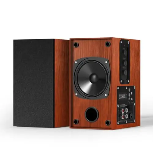 Elimavi brown wood grain bookshelf speakers with wall mount options