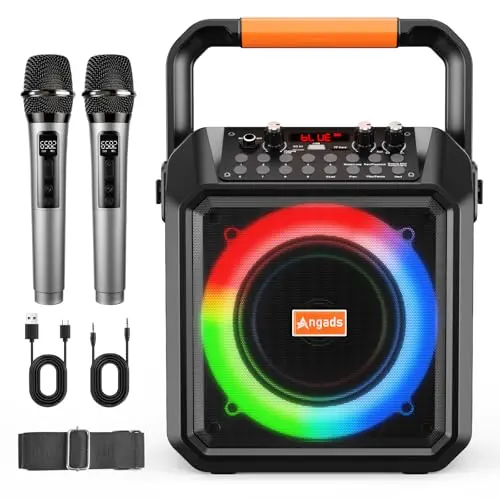 Angads portable karaoke machine with two wireless microphones and LED lights