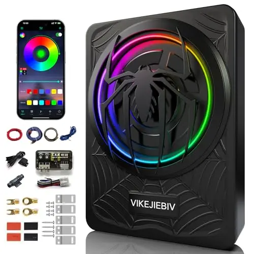 VIKEJIEBIV 1200W RGB slim underseat car subwoofer with beat-synced lighting