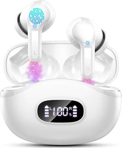 AOTONOK wireless earbuds in white charging case