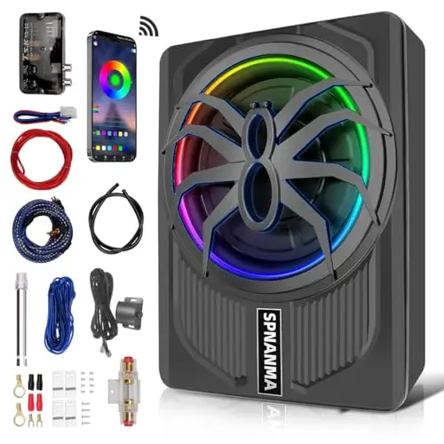 SPNANMA 10 inch slim under-seat car subwoofer with cast aluminum enclosure and RGB light