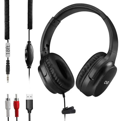 C G CHANGEEK over-ear headphones with long coiled cord and adapters