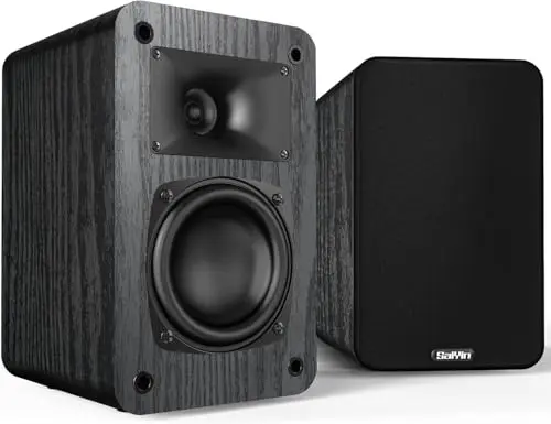 Saiyin passive bookshelf speakers in black with woodgrain design