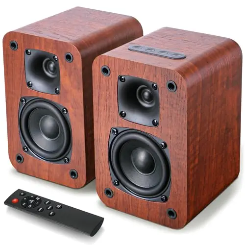 Saiyin compact Bluetooth bookshelf speakers with vintage wood finish