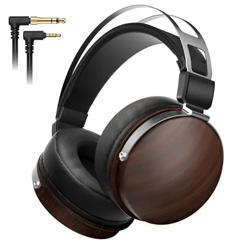 SEJJ wood grain over-ear studio headphones with detachable cables
