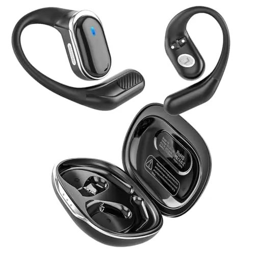 TRAUSI open ear wireless earbuds in black with hook design