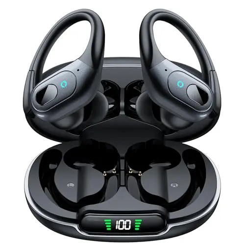 occiam wireless earbuds with over-ear hooks and digital display case