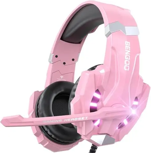 BENGOO G9000 professional gaming headset in pink with LED lights
