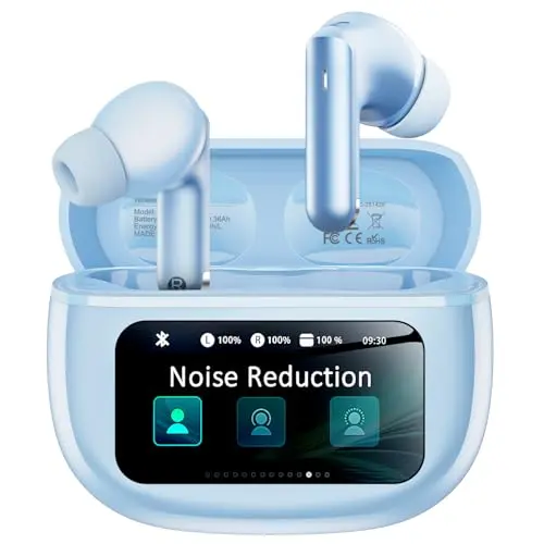 Wyness wireless earbuds with smart touchscreen charging case in light blue